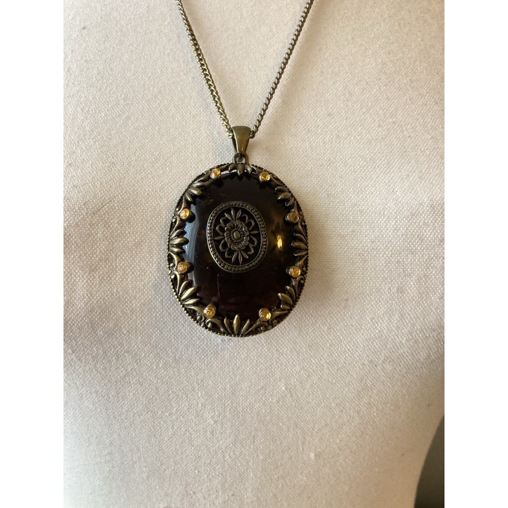 Brown Oval Pendant Necklace Antiqued Gold Tone Medallion Victorian Revival